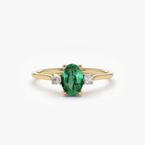 Oval Shape Emerald and Diamond 3 Stone Ring